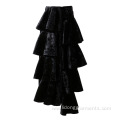 Ladies Asymmetric High Waist Ruffle Velvet Long Skirt